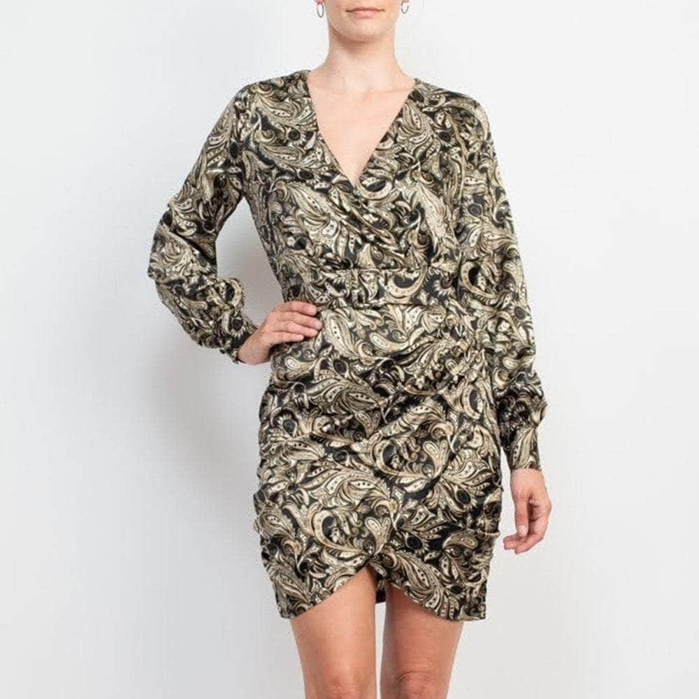 Laundry Shelli Segal Bishop Sleeve Paisley Tulip Hem Dress Black Gold Size 12